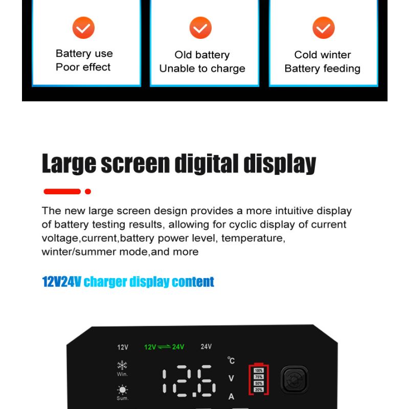 FOXSUR 20A Tragbares Autobatterieladegerät 12V-24V Motorrad LKW AGM LiFePO4 Blei-Säure-Batterien Automatische Reparaturwartung