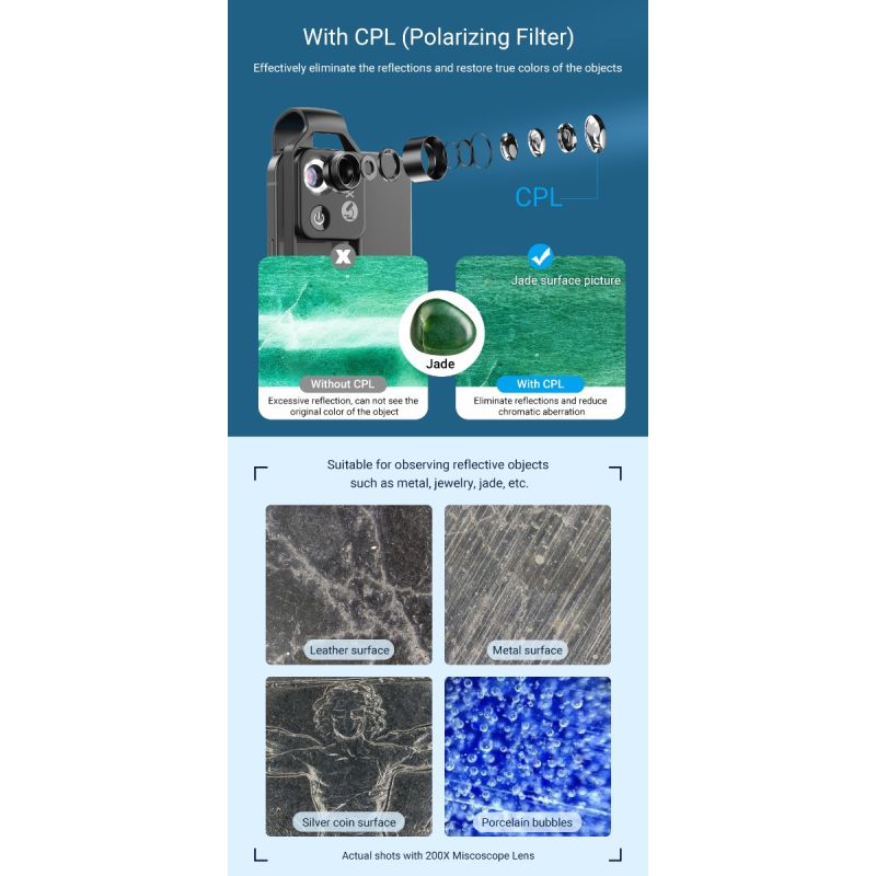 APEXEL Mikroskopobjektiv mit 200-facher Vergrößerung und CPL-Mobile-LED-Licht-Mikrotaschen-Makroobjektiven für iPhone Samsung alle Smartphones