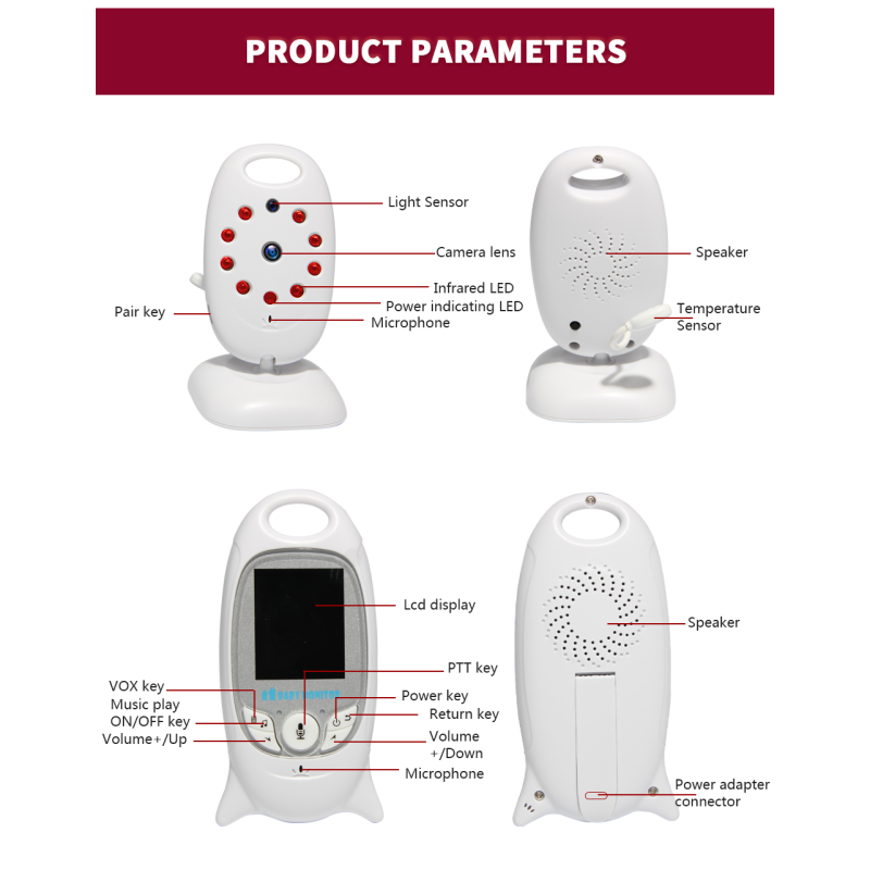 VB601 2.4G Funk-Video-Baby-Monitor 2.0-Zoll-Farb-Sicherheits-Kamera 2-Wege-Talk NightVision-IR-LED-Temperaturüberwachung mit 8 BLULBY