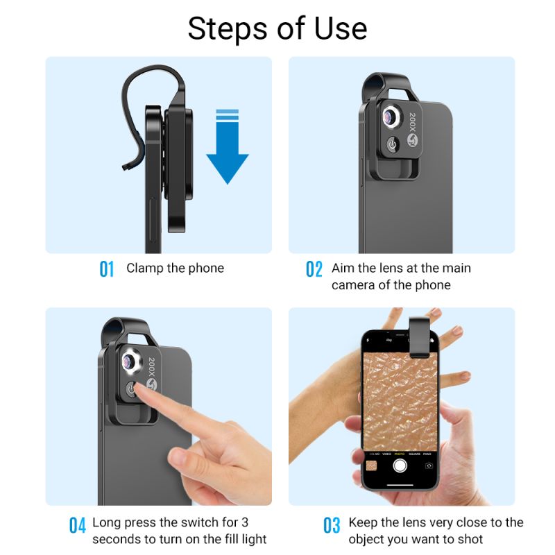 APEXEL Mikroskopobjektiv mit 200-facher Vergrößerung und CPL-Mobile-LED-Licht-Mikrotaschen-Makroobjektiven für iPhone Samsung alle Smartphones