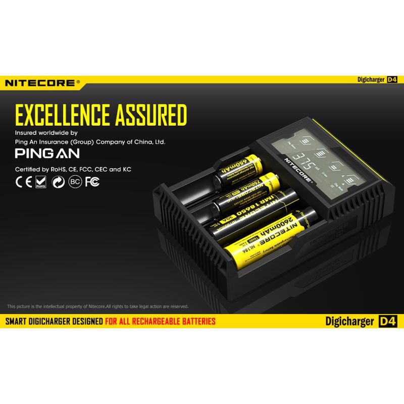 Nitecore D4 Digicharger LCD-Anzeige Batterie Nitecore-Ladegerät Intelligent 2.0 Fit Li-Ion 18650 14500 16340 26650