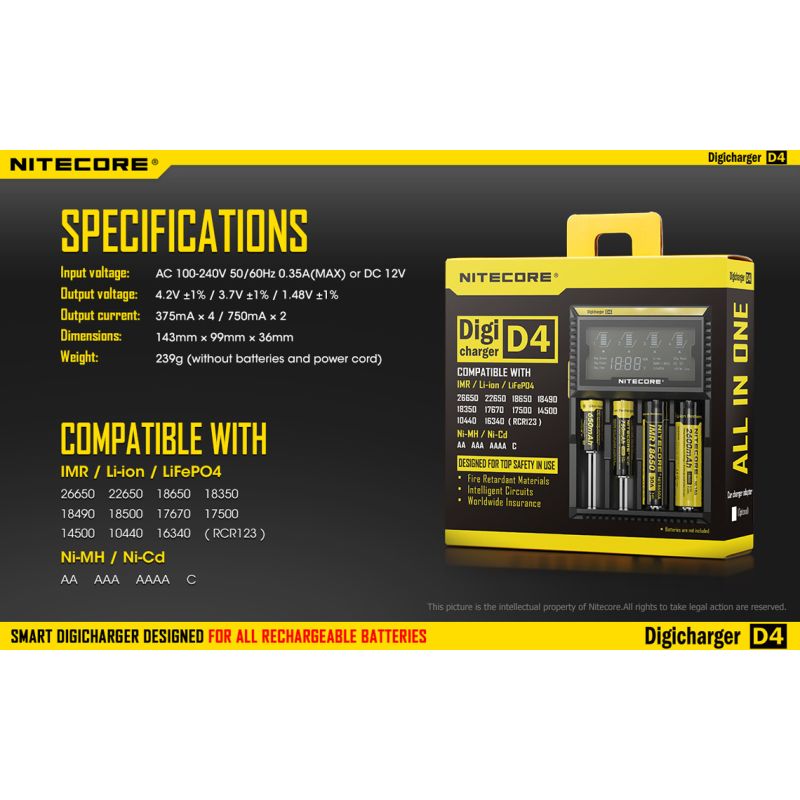 Nitecore D4 Digicharger LCD-Anzeige Batterie Nitecore-Ladegerät Intelligent 2.0 Fit Li-Ion 18650 14500 16340 26650
