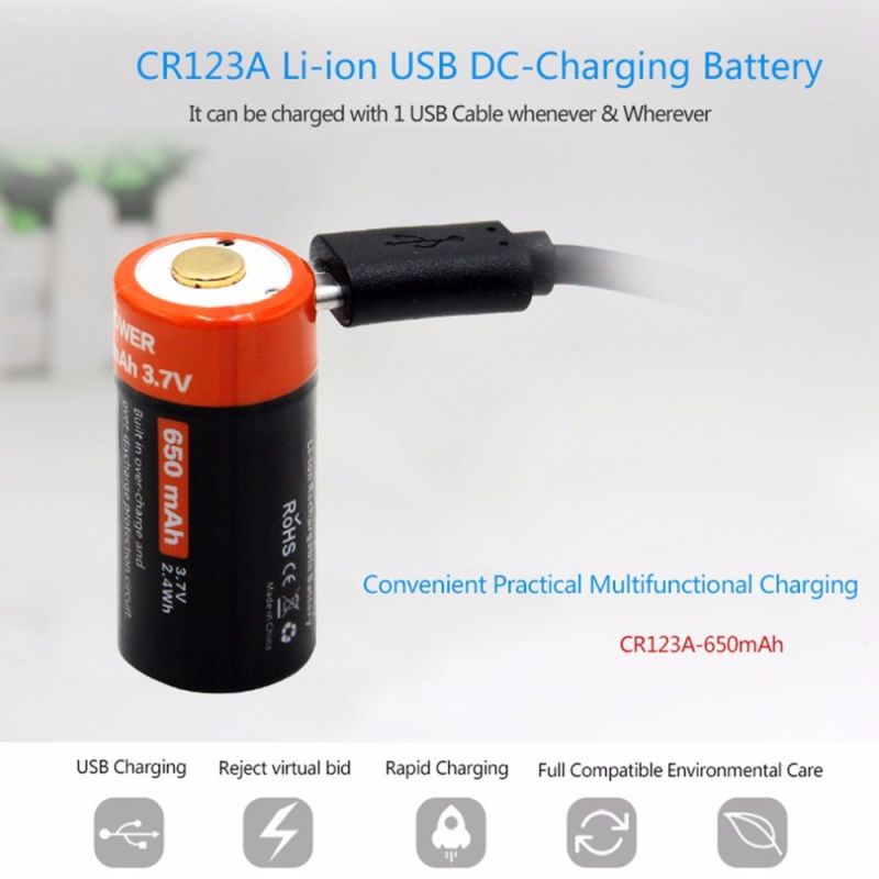 16340 650mAh 3.7V Micro USB Wiederaufladbare Li-Ion-Batterie