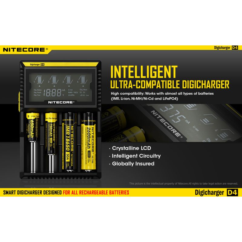 Nitecore D4 Digicharger LCD-Anzeige Batterie Nitecore-Ladegerät Intelligent 2.0 Fit Li-Ion 18650 14500 16340 26650