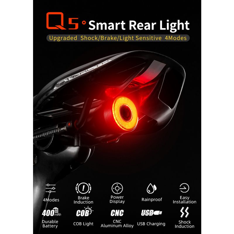 ROCKBROS Q5 Fahrrad Smart Auto Brake Sensing Light IPx6 Wasserdichtes LED-Laderad Rücklicht Fahrradrücklicht