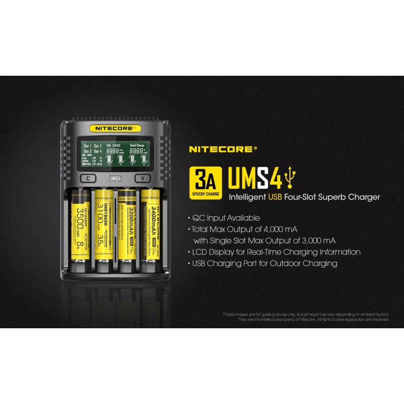 Nitecore UMS4 intelligenter USB-Four-Slot Superd-Ladegerät für 18650/21700/26650/20700/18350/16340 (RCR123) / 14500/10440 Batterien