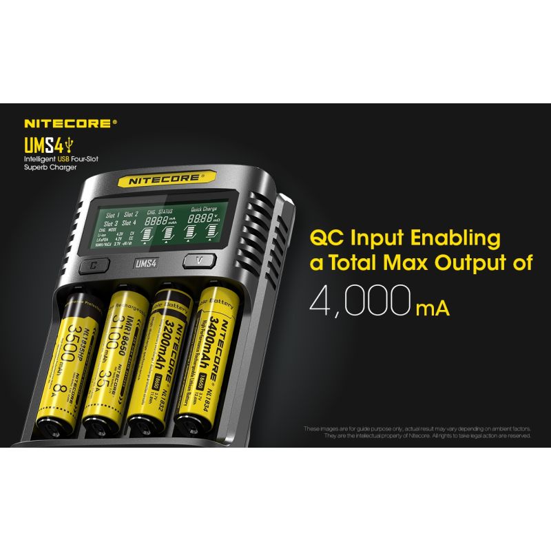 Nitecore UMS4 intelligenter USB-Four-Slot Superd-Ladegerät für 18650/21700/26650/20700/18350/16340 (RCR123) / 14500/10440 Batterien