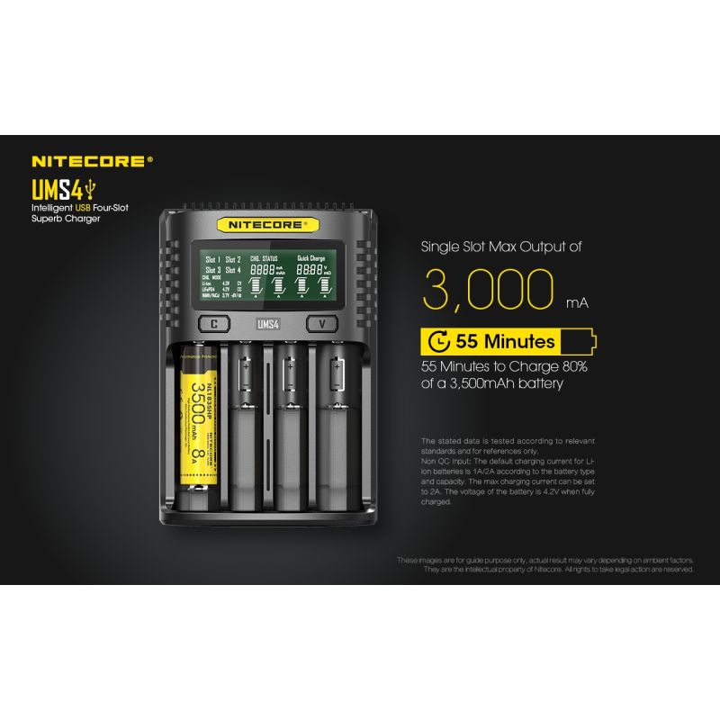 Nitecore UMS4 intelligenter USB-Four-Slot Superd-Ladegerät für 18650/21700/26650/20700/18350/16340 (RCR123) / 14500/10440 Batterien