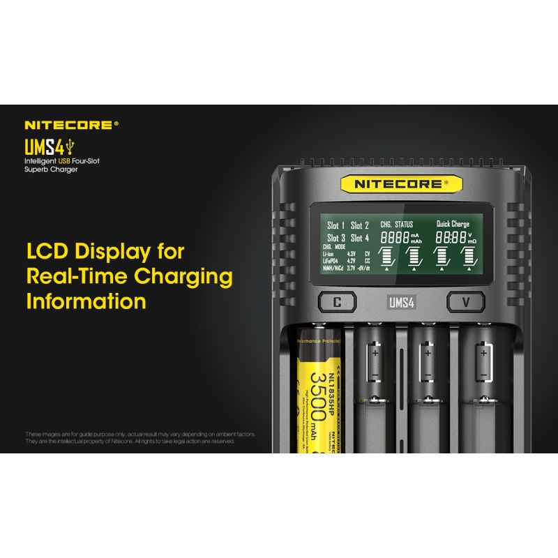 Nitecore UMS4 intelligenter USB-Four-Slot Superd-Ladegerät für 18650/21700/26650/20700/18350/16340 (RCR123) / 14500/10440 Batterien