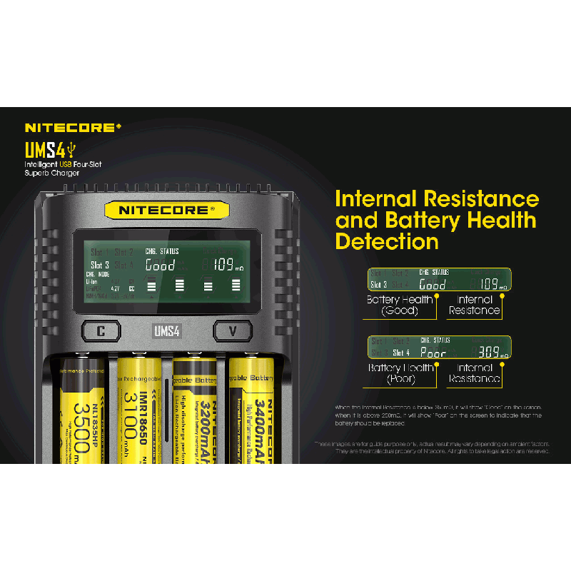 Nitecore UMS4 intelligenter USB-Four-Slot Superd-Ladegerät für 18650/21700/26650/20700/18350/16340 (RCR123) / 14500/10440 Batterien