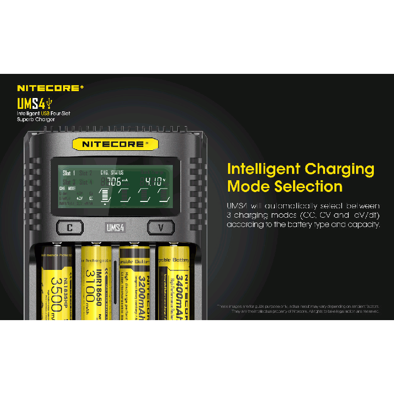 Nitecore UMS4 intelligenter USB-Four-Slot Superd-Ladegerät für 18650/21700/26650/20700/18350/16340 (RCR123) / 14500/10440 Batterien