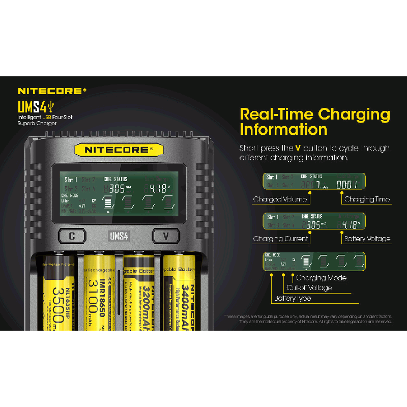 Nitecore UMS4 intelligenter USB-Four-Slot Superd-Ladegerät für 18650/21700/26650/20700/18350/16340 (RCR123) / 14500/10440 Batterien