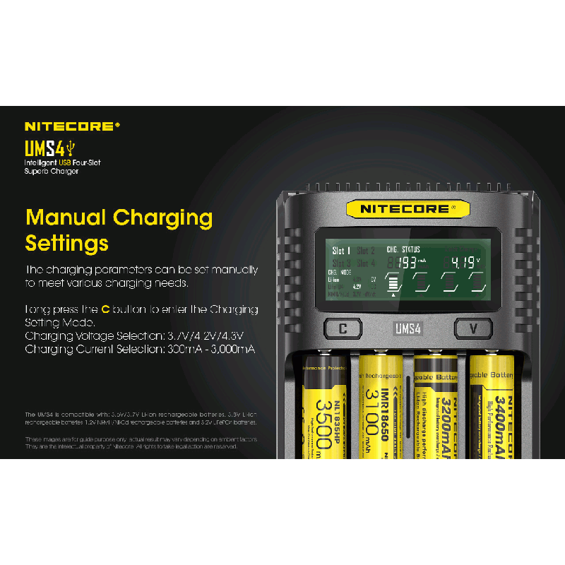 Nitecore UMS4 intelligenter USB-Four-Slot Superd-Ladegerät für 18650/21700/26650/20700/18350/16340 (RCR123) / 14500/10440 Batterien
