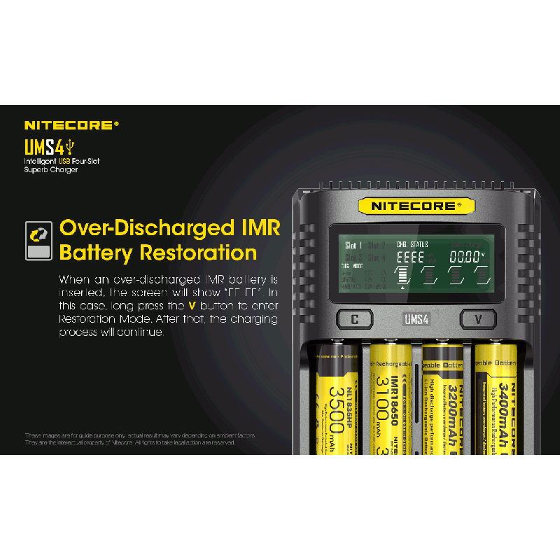 Nitecore UMS4 intelligenter USB-Four-Slot Superd-Ladegerät für 18650/21700/26650/20700/18350/16340 (RCR123) / 14500/10440 Batterien