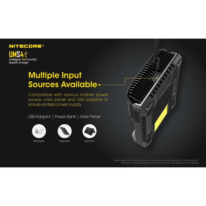 Nitecore UMS4 intelligenter USB-Four-Slot Superd-Ladegerät für 18650/21700/26650/20700/18350/16340 (RCR123) / 14500/10440 Batterien