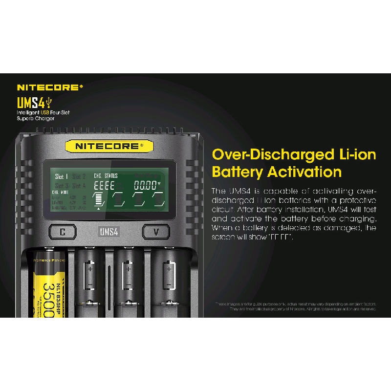 Nitecore UMS4 intelligenter USB-Four-Slot Superd-Ladegerät für 18650/21700/26650/20700/18350/16340 (RCR123) / 14500/10440 Batterien