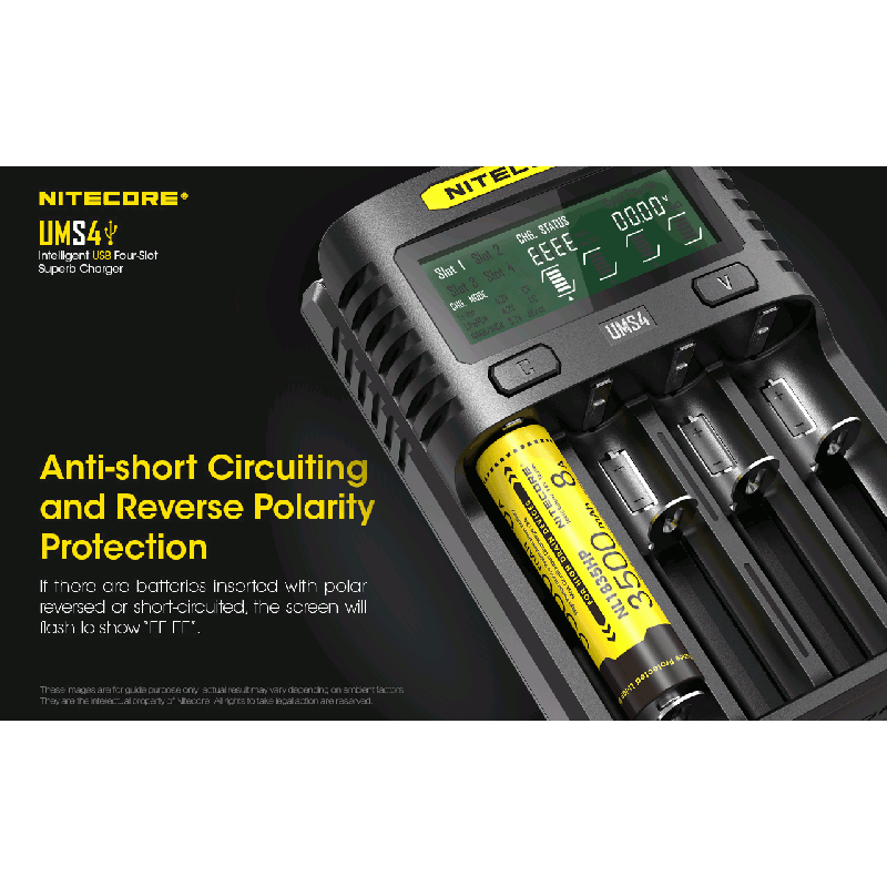Nitecore UMS4 intelligenter USB-Four-Slot Superd-Ladegerät für 18650/21700/26650/20700/18350/16340 (RCR123) / 14500/10440 Batterien
