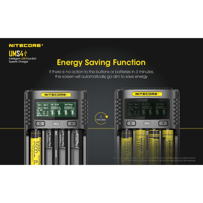 Nitecore UMS4 intelligenter USB-Four-Slot Superd-Ladegerät für 18650/21700/26650/20700/18350/16340 (RCR123) / 14500/10440 Batterien