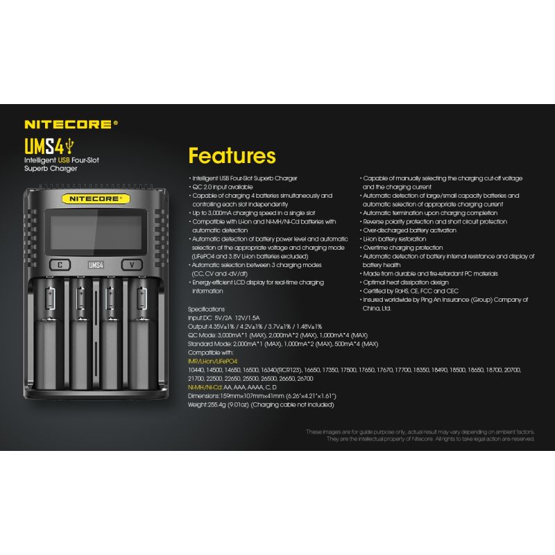 Nitecore UMS4 intelligenter USB-Four-Slot Superd-Ladegerät für 18650/21700/26650/20700/18350/16340 (RCR123) / 14500/10440 Batterien