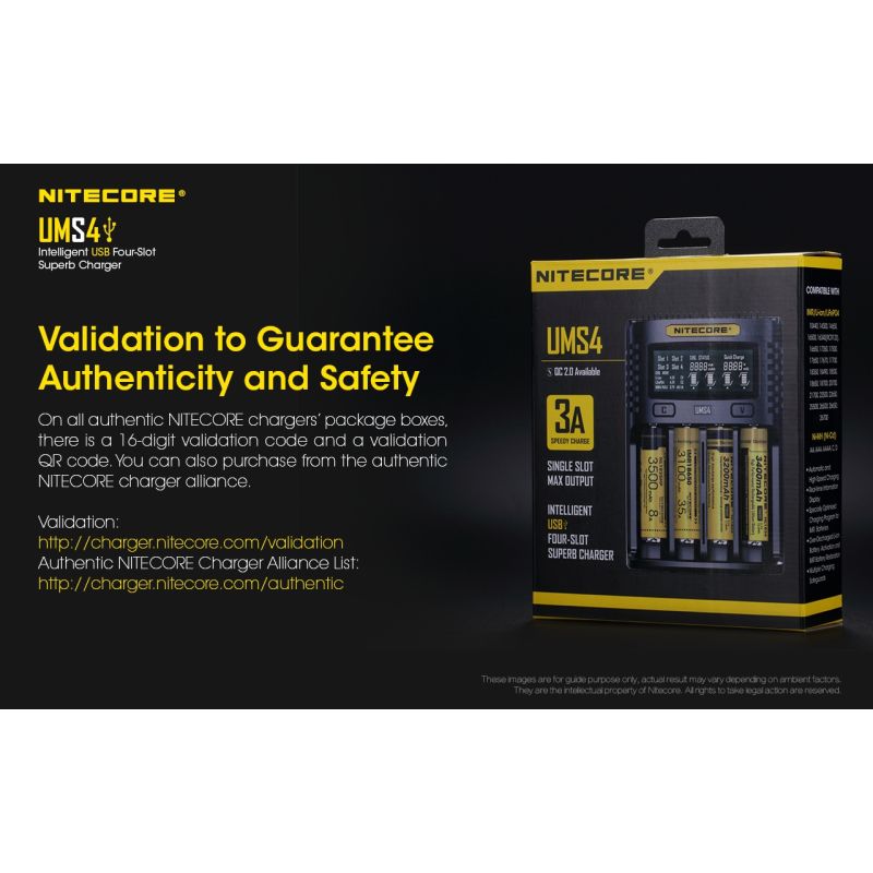 Nitecore UMS4 intelligenter USB-Four-Slot Superd-Ladegerät für 18650/21700/26650/20700/18350/16340 (RCR123) / 14500/10440 Batterien