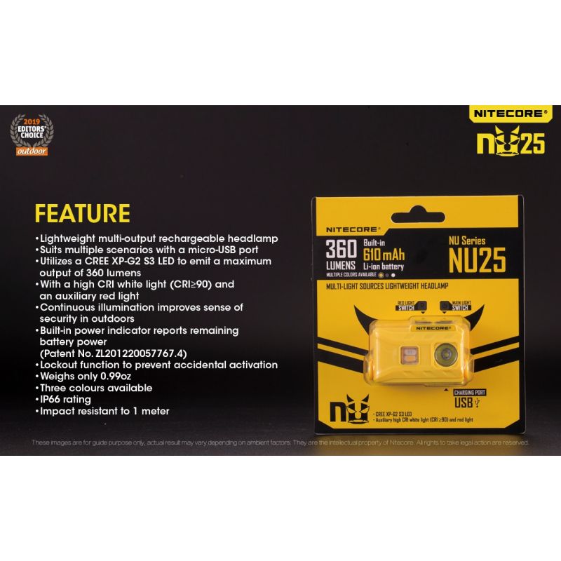 Nitecore NU25 XP-G2 S3 LED 360 Lumen LED-LED-Wiederaufladbare Scheinwerfer