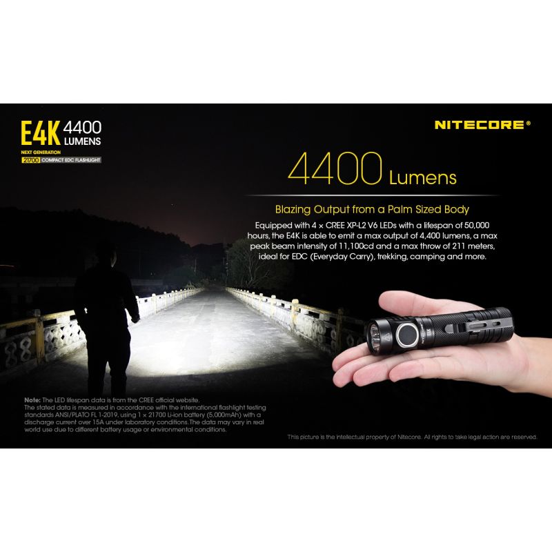 NITECORE E4K 4 x XP-L2 V6 LED 4400 Lumen 21700 Batterie-Taschenlampe