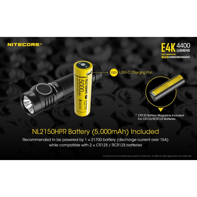 NITECORE E4K 4 x XP-L2 V6 LED 4400 Lumen 21700 Batterie-Taschenlampe