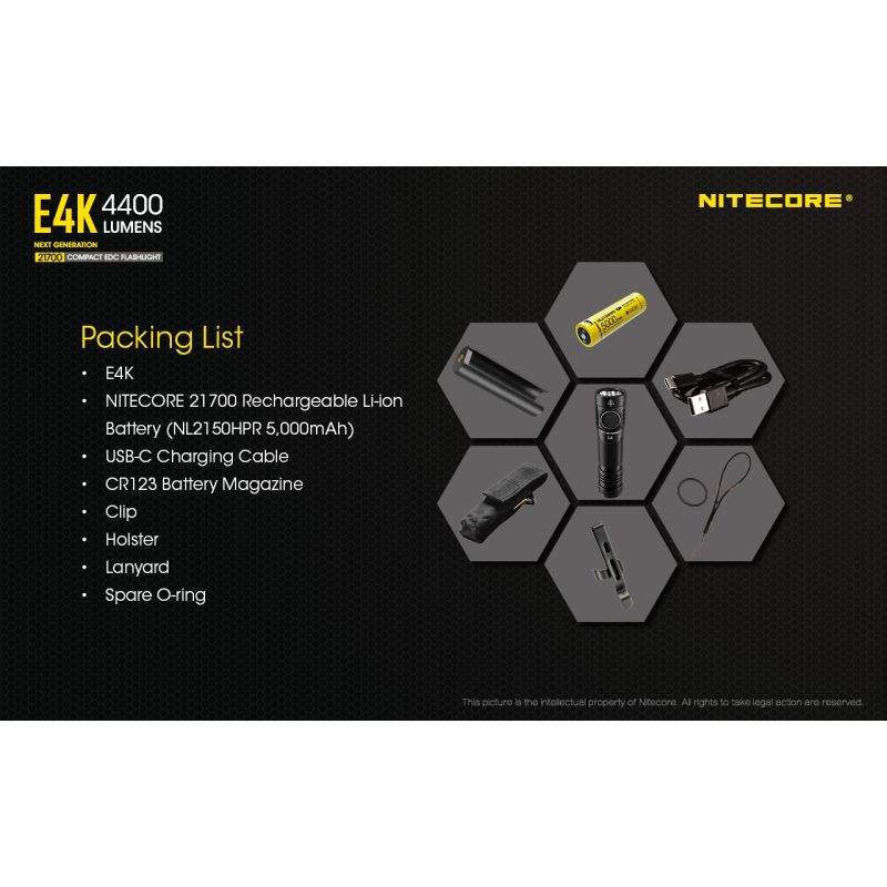NITECORE E4K 4 x XP-L2 V6 LED 4400 Lumen 21700 Batterie-Taschenlampe