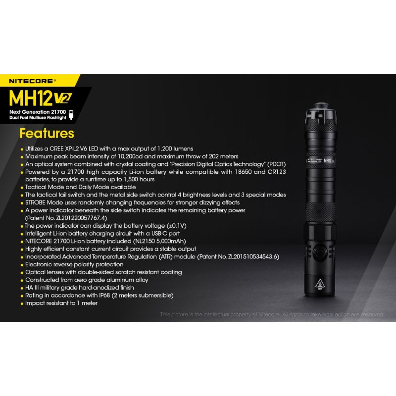 Nitecore MH12 V2 XP-L2 V6 LED 1200 Lumen 21700 Batterie-Taschenlampe