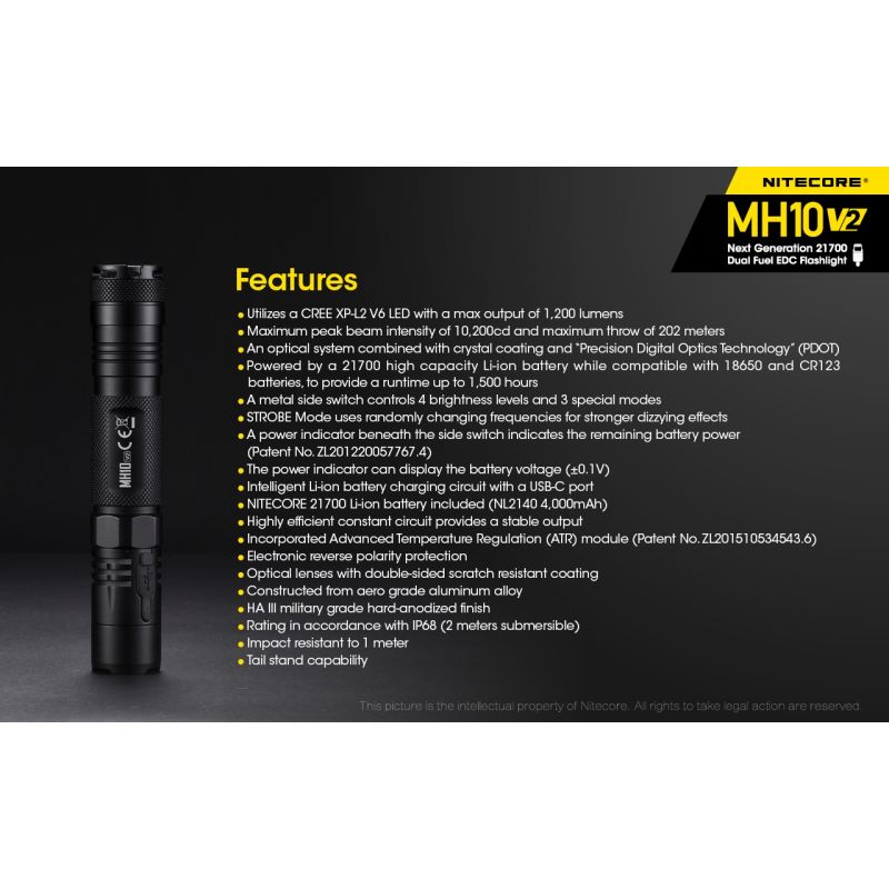 NITECORE MH10 V2 XP-L2 V6 LED 1200 Lumen USB-C Ladegerät 21700 Batterie-Taschenlampe