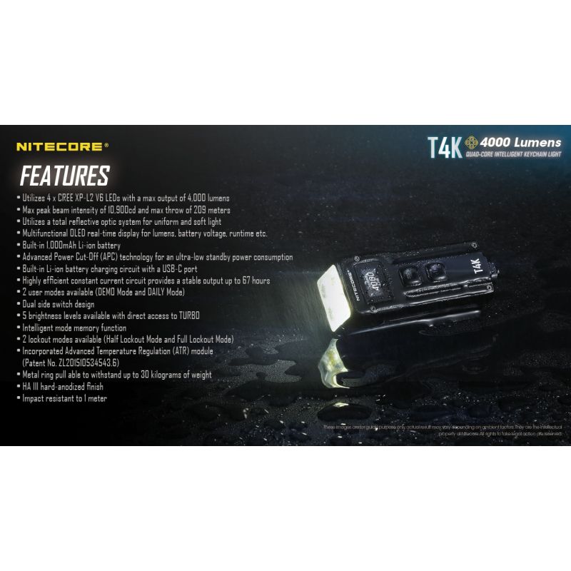 NITECORE T4K 4 x XP-L2 V6 LEDs 4000 Lumen eingebaute Batterie mit USB-C-Aufladung Portable Keychain Taschenlampe