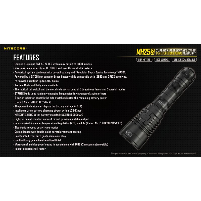 NITECORE MH25S LUMINUS SST-40 1800 LUMEN USB-C Wiederaufladbare Taschenlampe