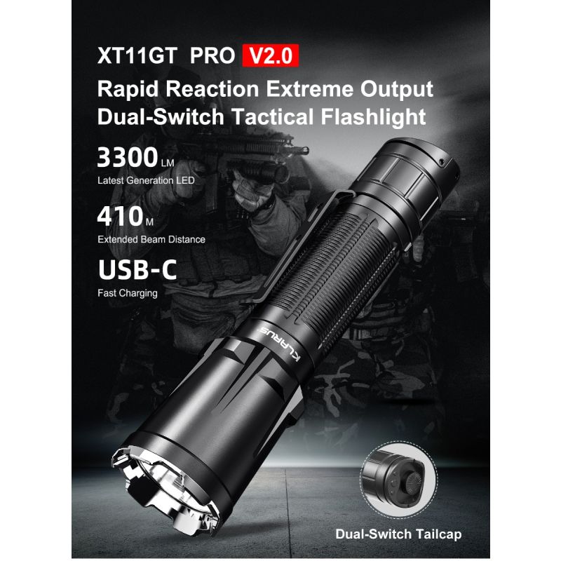 Klarus XT11GT PRO V2.0 Luminus SST-70 3300LM 410M USB-C schnell wiederaufladbare Taschenlampe