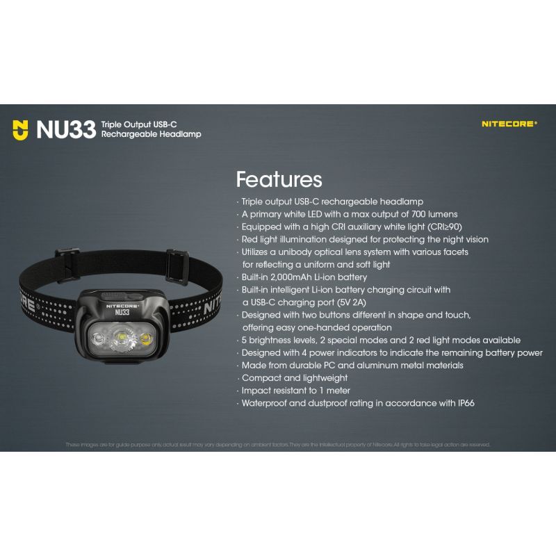 Nitecore NU33 USB-C Wiederaufladbare Stirnlampe 700LM High CRI LED Wasserdichte Taschenlampe für den Außenbereich