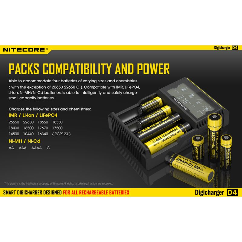 Nitecore D4 Digicharger LCD-Anzeige Batterie Nitecore-Ladegerät Intelligent 2.0 Fit Li-Ion 18650 14500 16340 26650