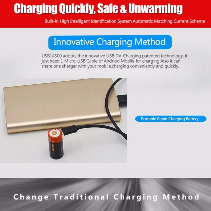 16340 650mAh 3.7V Micro USB Wiederaufladbare Li-Ion-Batterie