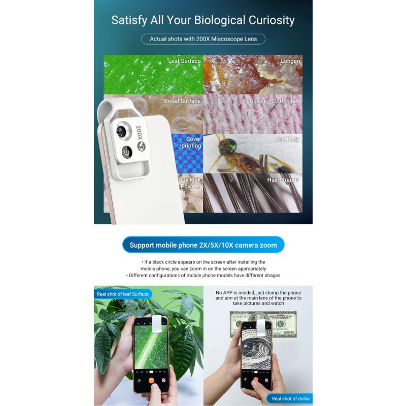 APEXEL Mikroskopobjektiv mit 200-facher Vergrößerung und CPL-Mobile-LED-Licht-Mikrotaschen-Makroobjektiven für iPhone Samsung alle Smartphones
