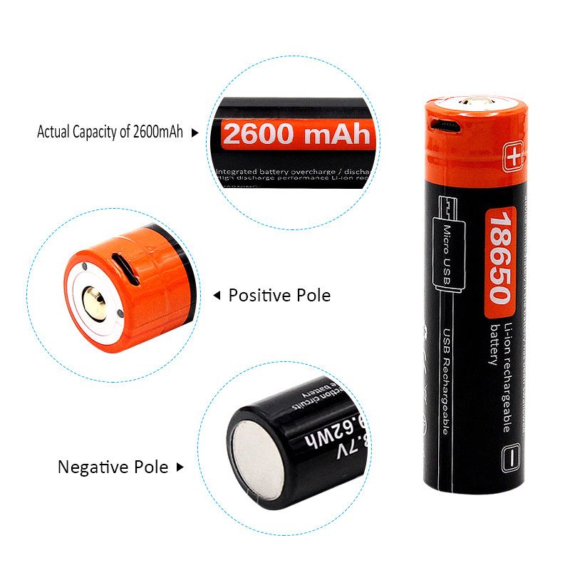 18650 2600mAh 3.7V Micro USB Wiederaufladbare Li-Ion-Batterie