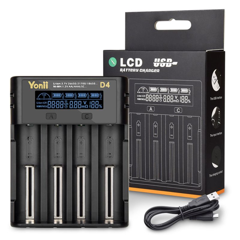 YONII D4 LCD 4 Slot 18650 Akkuladegerät für 18650 21700 26650 Lithium AA AAA Ni-MH Akku