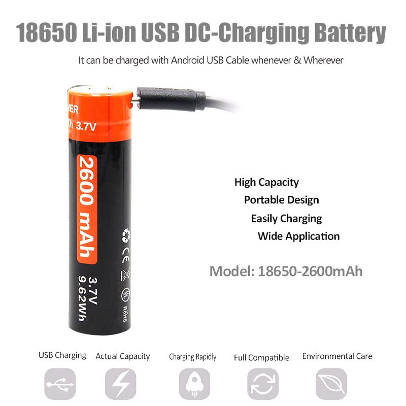 18650 2600mAh 3.7V Micro USB Wiederaufladbare Li-Ion-Batterie
