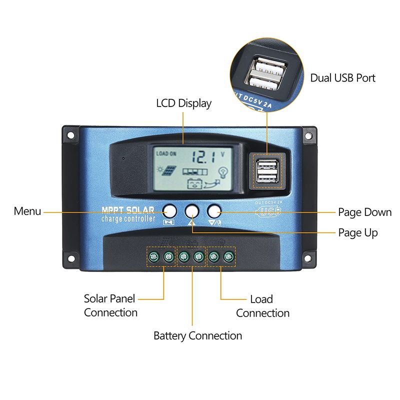 MPPT Solarladeregler 30/40/50/60/100A Solarregler Solarpanel Batterieregler Dual USB 5V LCD Display