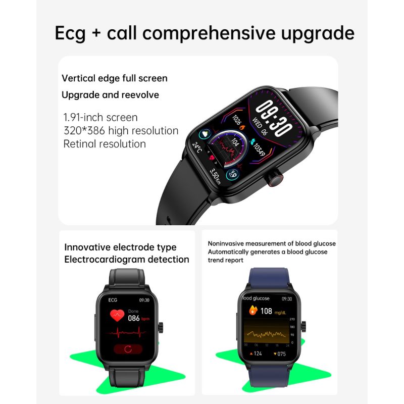 ET540 Blutzucker EKG Körpertemperatur Blutdruck Blutsauerstoff Herzfrequenz Bluetooth-Anruf Smartwatch Fitness Tracker