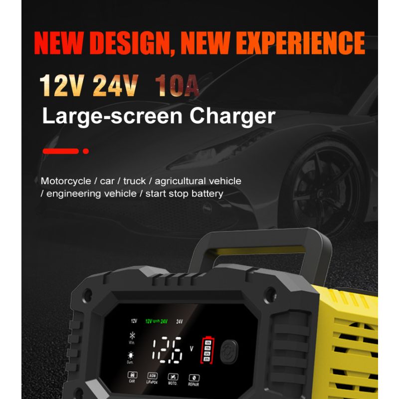 FOXSUR Tragbares Autobatterie-Ladegerät, 12 V/24 V, Motorrad, LKW, AGM, LiFePO4, Blei-Säure-Batterien, automatischer Reparatur-Warter