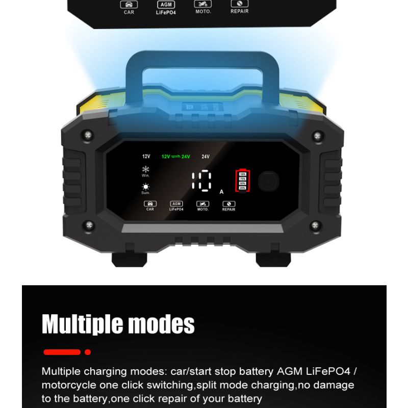 FOXSUR Tragbares Autobatterie-Ladegerät, 12 V/24 V, Motorrad, LKW, AGM, LiFePO4, Blei-Säure-Batterien, automatischer Reparatur-Warter