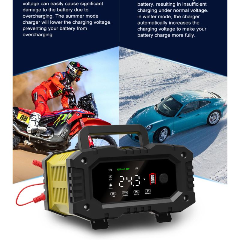 FOXSUR Tragbares Autobatterie-Ladegerät, 12 V/24 V, Motorrad, LKW, AGM, LiFePO4, Blei-Säure-Batterien, automatischer Reparatur-Warter