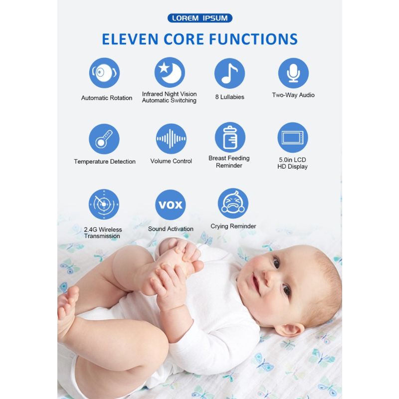 ABM501 Video Baby Monitor 2,4G Wireless mit 5,0 Zoll LCD 2 Weg Audio Sprechen Nachtsicht Überwachung Sicherheit Kamera babysitter