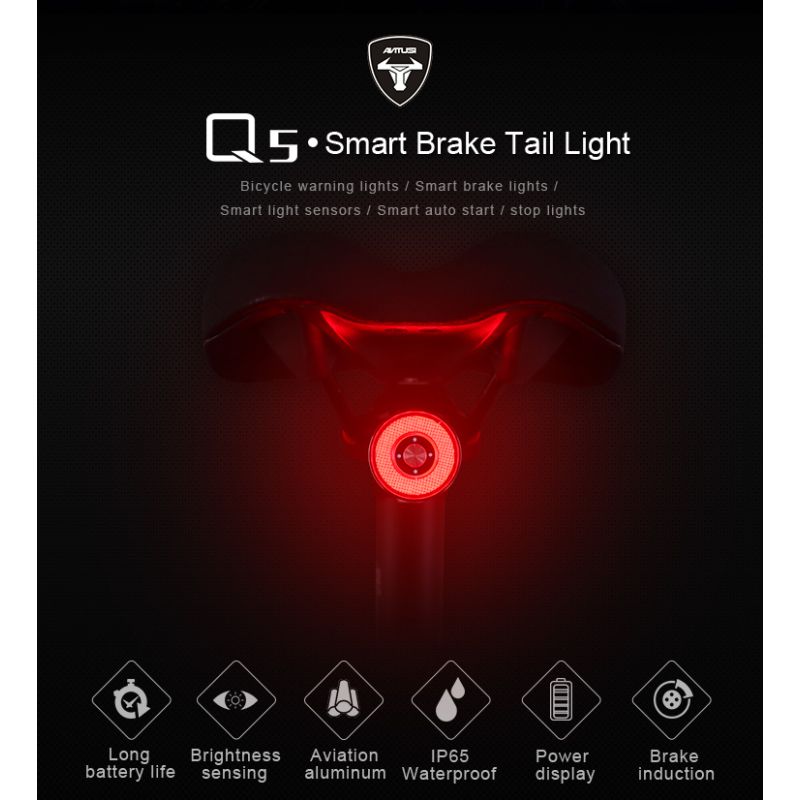ANTUSI Q5 Smart Fahrrad-Rücklicht, Fahrrad-Rücklicht, automatische Start/Stopp-Bremserkennung, IPx6 wasserdichtes LED-Fahrrad-Rücklicht