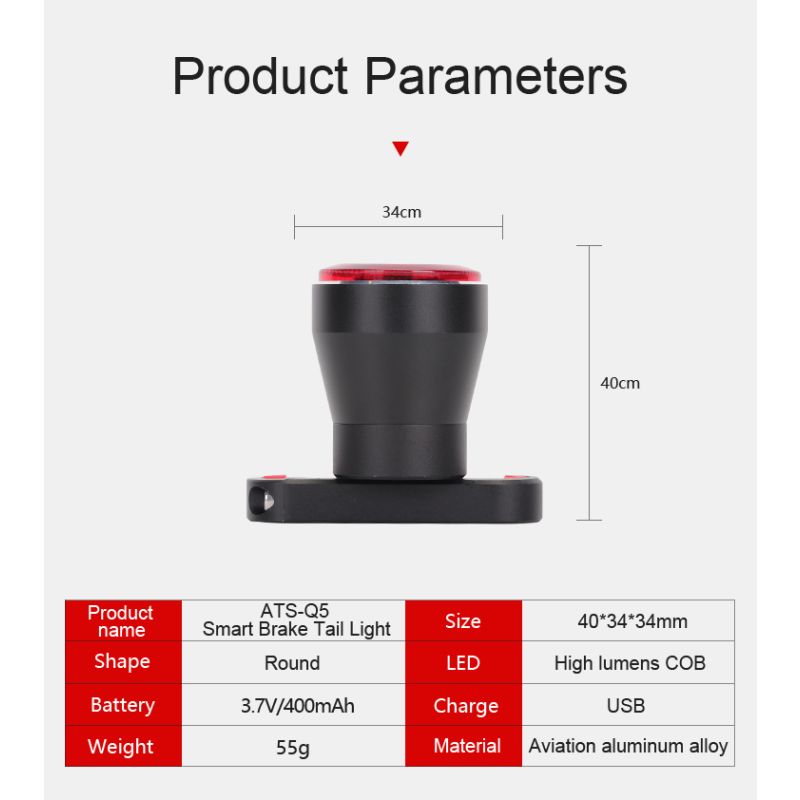 ANTUSI Q5 Smart Fahrrad-Rücklicht, Fahrrad-Rücklicht, automatische Start/Stopp-Bremserkennung, IPx6 wasserdichtes LED-Fahrrad-Rücklicht