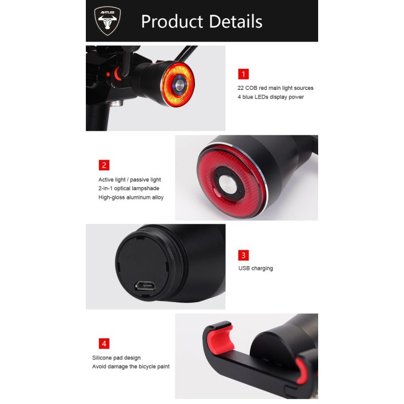 ANTUSI Q5 Smart Fahrrad-Rücklicht, Fahrrad-Rücklicht, automatische Start/Stopp-Bremserkennung, IPx6 wasserdichtes LED-Fahrrad-Rücklicht