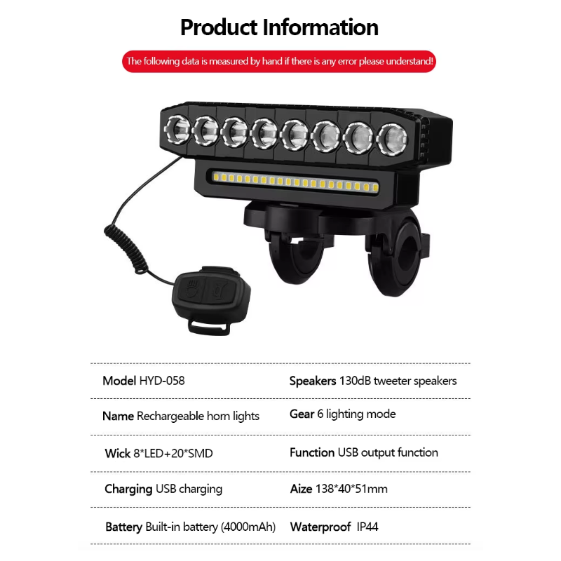 USB wiederaufladbare Fahrrad-Frontleuchte 120dB Radfahren Bike Horn wasserdichte Fahrradklingel Frontleuchte